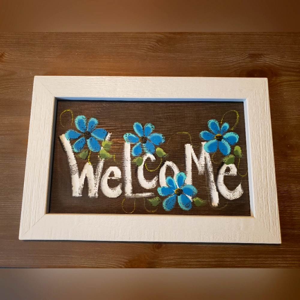 Hand Painted Welcome with Blue Flowers Framed Wall Art